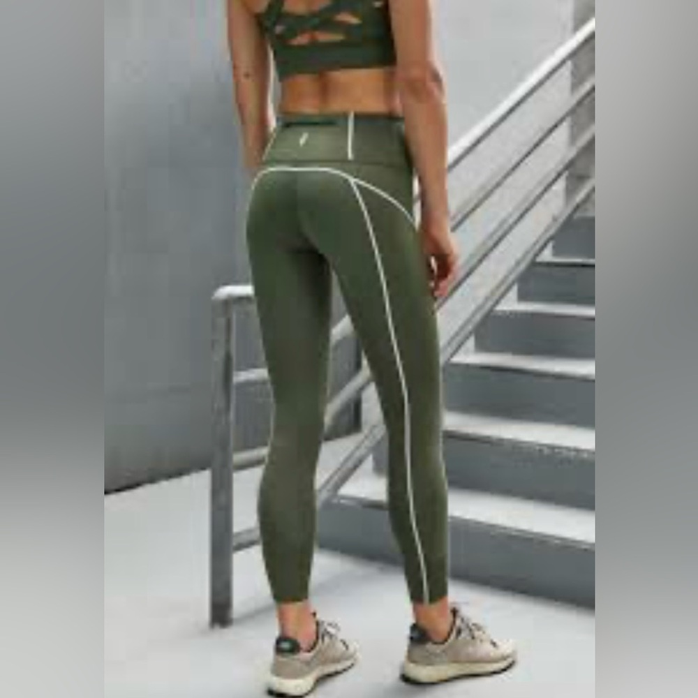 FP Movement by Free People Olive Green High-Waist Leggings with White Piping